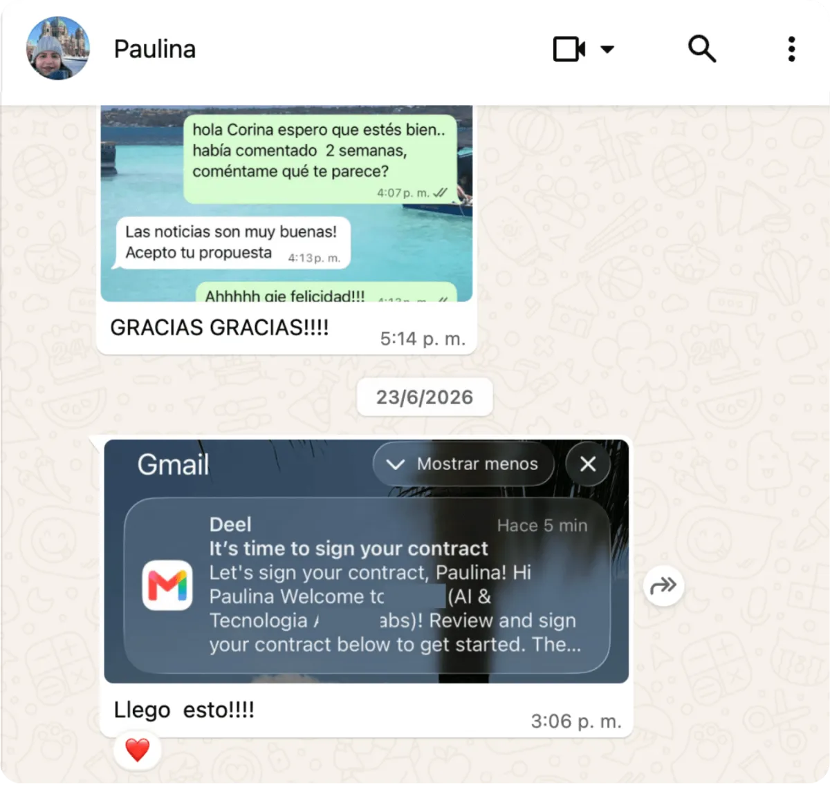 Mensaje de Paulina recibiendo su contrato